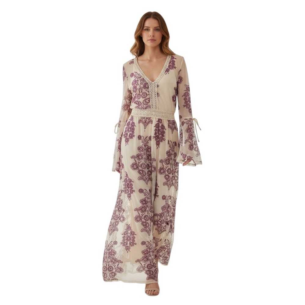 Ultra Pink Boho Chic Cream Maxi Dress Wine Embroidery on Sheer Net Overlay L